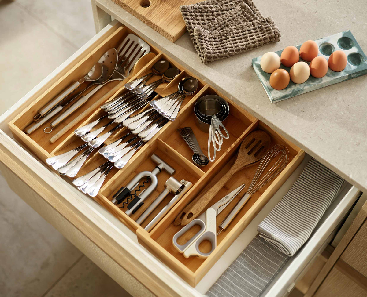 DrawerStore™ Bamboo Expanding Cutlery, Utensil & Gadgets Organizer